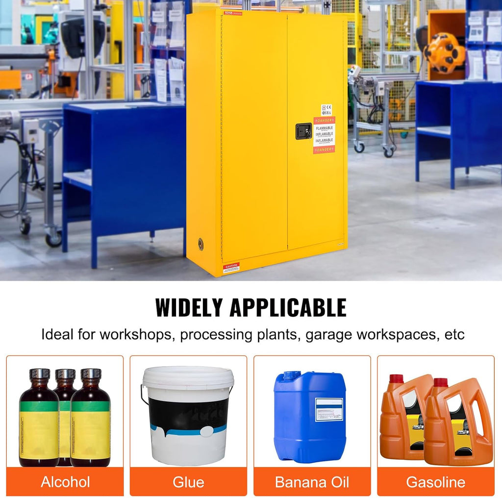 VEVOR Flammable Cabinet 18' x 43' x 65', Cold-Rolled Steel Flammable Liquid Storage Cabinet, 45 Gal in Explosion Proof with 2 Adjustable Shelves 2 Manual Doors for Industrial Use, Yellow