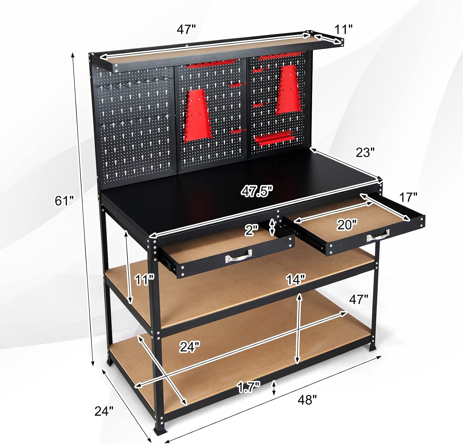 Goplus Work Bench with Storage, 48' x 24' Work Table with Pegboard, 2 Drawers, Hanging Accessories, Topping Space, 4-Tier Heavy Duty Metal Tool Storage Bench, Workbench for Garage, Workshop