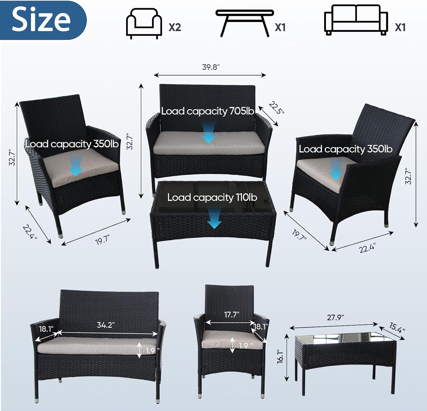 Outdoor Furniture Set of 4 Pieces with PE Waterproof Rattan Tempered Glass Table and Thick Cushions Suitable for Gardens Porches Terraces and Balconies Easy to Assemble Black and Beige