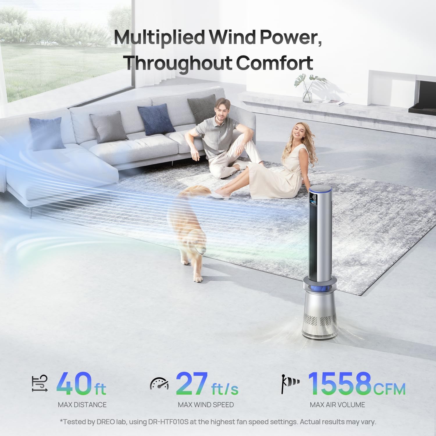 Dreo MC710S Air Purifier Tower Fan, 45' 2-in-1 Smart Fan for Bedroom, 27ft/s Velocity, 120°Oscillation, 24H Timer Bladeless Fans for Home, 25dB Low Noise, Standing Fan Works with Alexa, Silver Blue