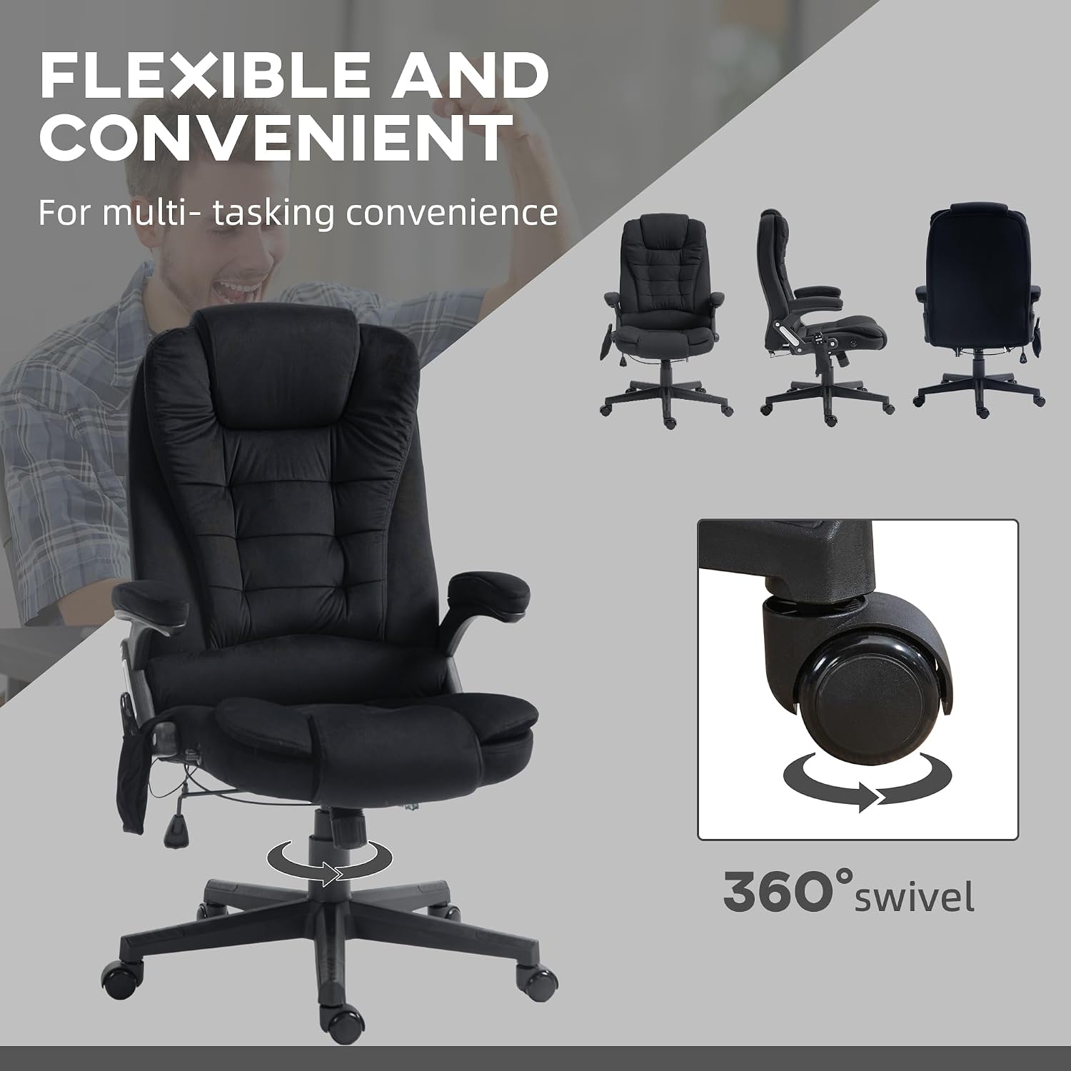 Vinsetto 6 Point Vibrating Massage Office Chair with Heat, Linen High Back Executive Office Chair with Reclining Backrest, Padded Armrests and Remote, Black