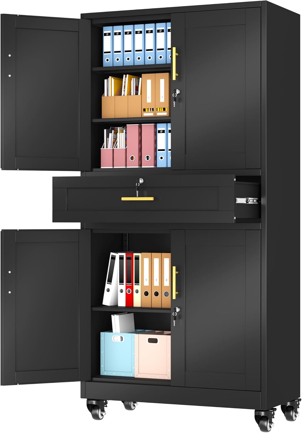 Black Metal Storage Cabinet, 71' Tall Locking Storage Cabinet with 2 Adjustable Shelves, Steel Locker Organizer, for Office, Home, School