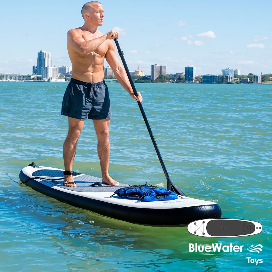 Blue Water Toys Portable Inflatable Stand Up Paddle Board Kit | 11ft x 34in Nylon & Mesh Inflatable Paddle Board with 100% UV-Resistant EVA Pad, Pump, Backpack, Coil Leash & Repair Kit (Black/White)