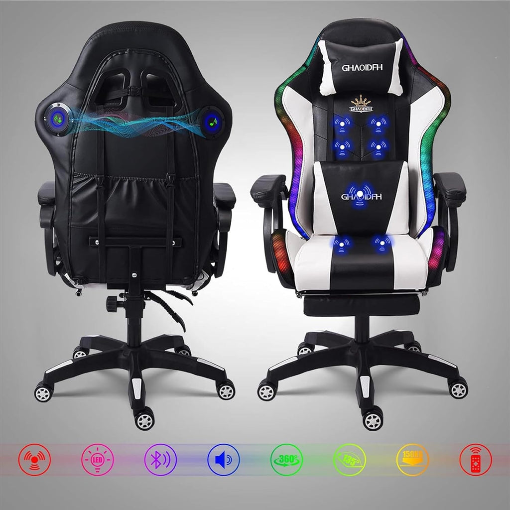 Gaming Chair with Bluetooth Speakers,Computer Chair Massage with LED Lights,Ergonomic Game Chair,Computer Stool with Footrest and Lumbar Support Height Adjustable with 360°-Swivel Seat (White)