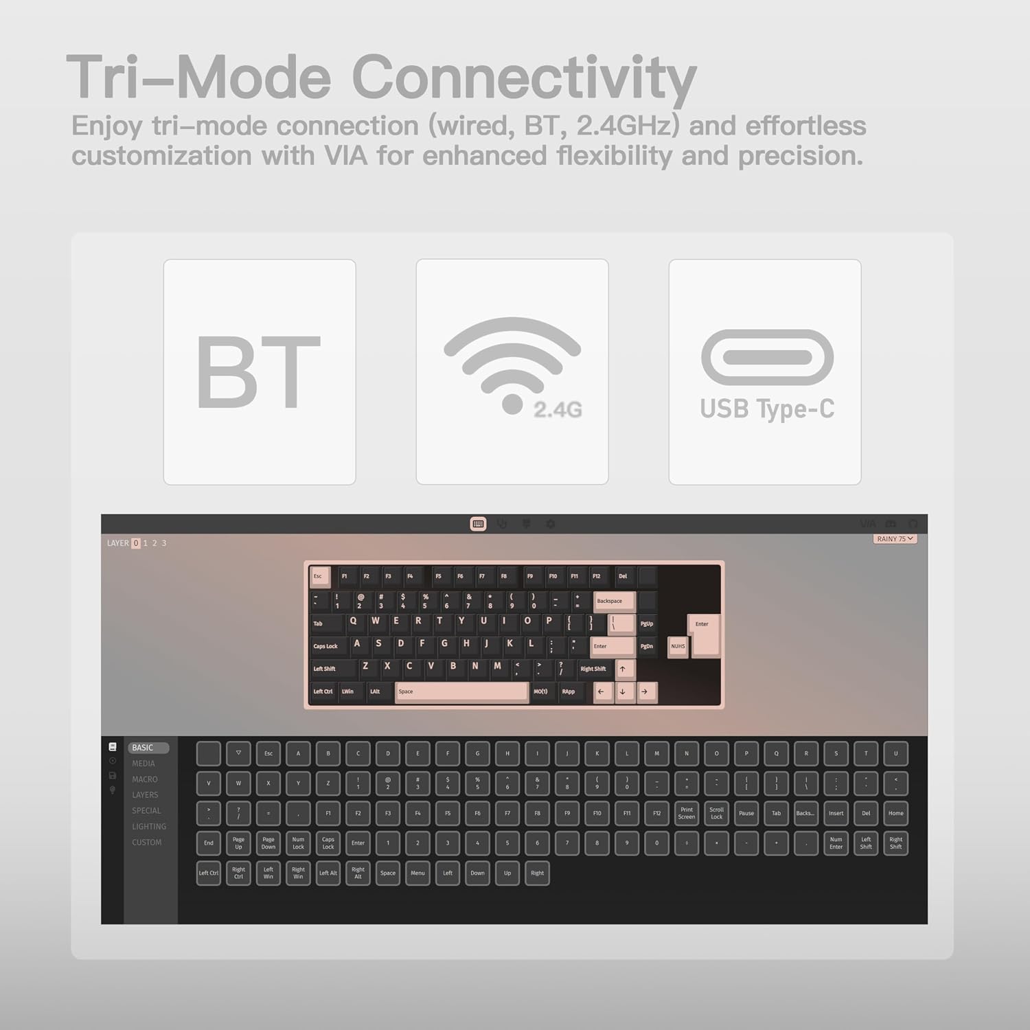 KEEBMONKEY WOBKEY Rainy 75 CNC Aluminum HMX/JWK/Cocoa Switches Triple-Mode Connectivity Mechanical Keyboard with Superior Acoustics, No RGB/PP/Mirrored Glass/3500mAh/Violet Switch (Lite - Silver)
