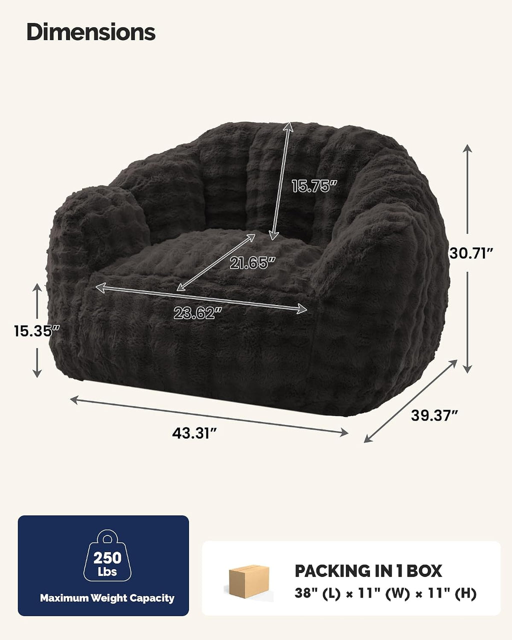 KINGYES Giant Bean Bag Chair, Fluffy Bean Bag Chair with Armrest, Memory Foam Beanbag for Adults, Dark Gray(Pillow not Included)