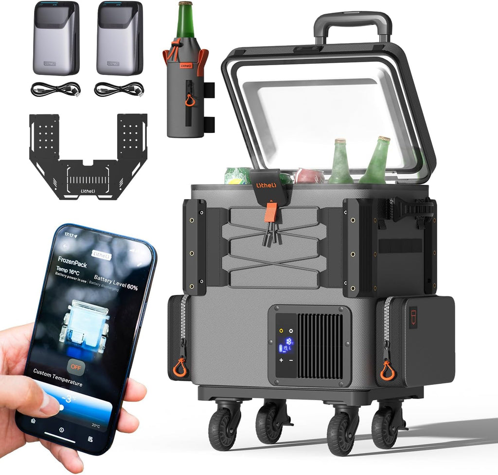 LiTHELi FrozenPack Wild 12V Car Refrigerator & Portable Electric Cooler with Cup Holder and Tabletop, 20L/21QT with 2 U20 Batteries, Backpack Design, -4~68℉ Travel Freezer for Camping, Road Trips, RV