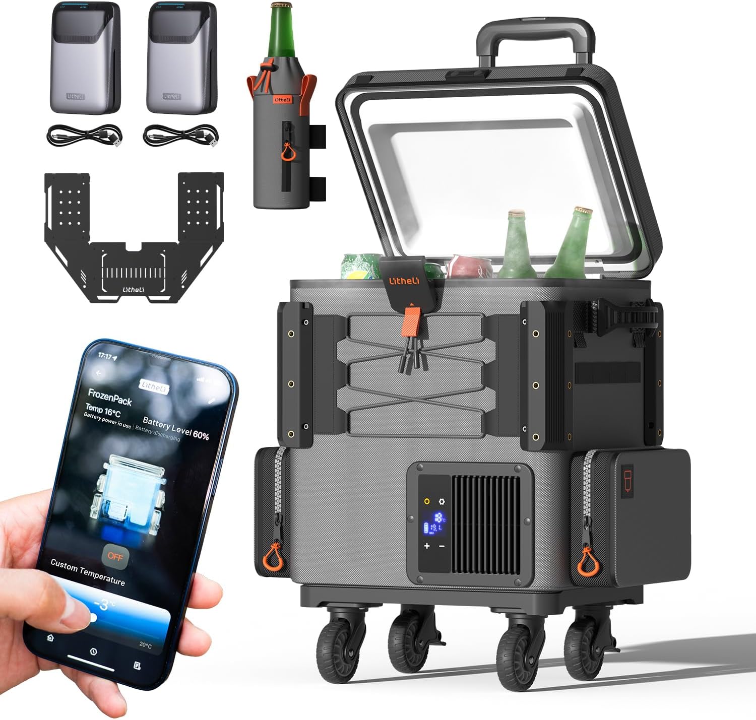 LiTHELi FrozenPack Wild 12V Car Refrigerator & Portable Electric Cooler with Cup Holder and Tabletop, 20L/21QT with 2 U20 Batteries, Backpack Design, -4~68℉ Travel Freezer for Camping, Road Trips, RV