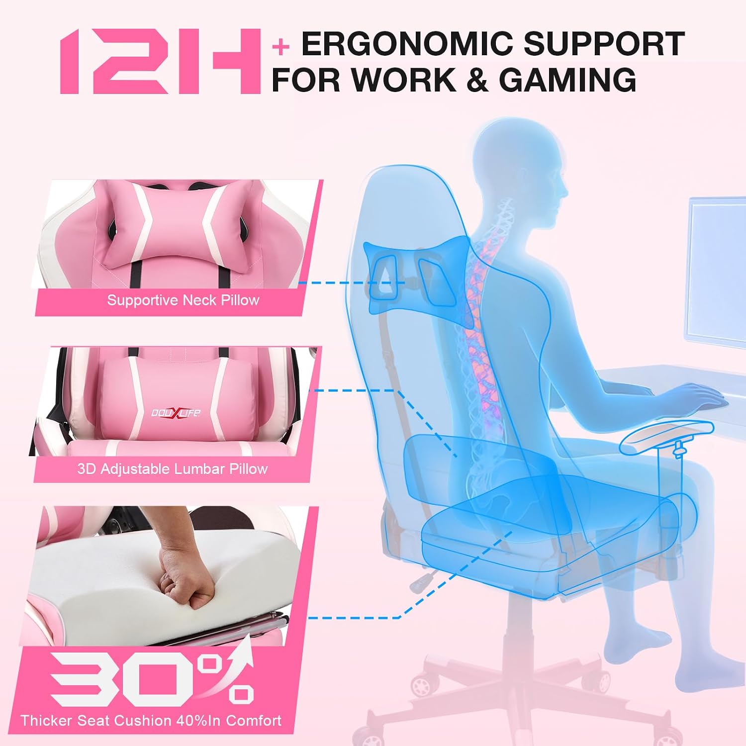 Douxlife 7-Point Massage Gaming Chair with Footrest, 400lbs Heavy Duty Ergonomic Computer Chair, 175° Reclining High Back Racing Seat for Adults with Adjustable Armrests & Lumbar Support, Pink