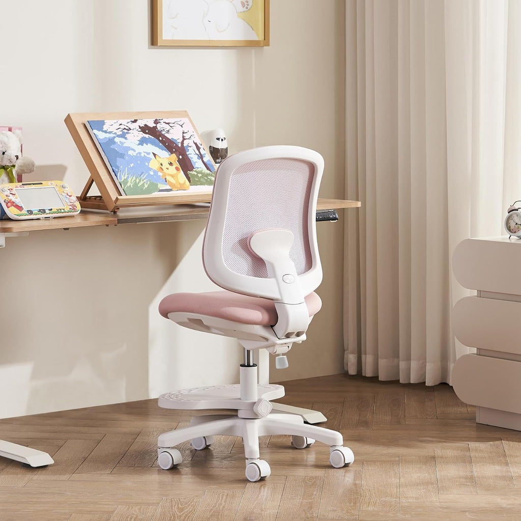 Desk Chair, Ergonomic Study Chair for Kids with Lumbar Support and Footrest, Adjustable Height, Mesh Student Chair with Adjustable backrest, Model Shell (Pink)