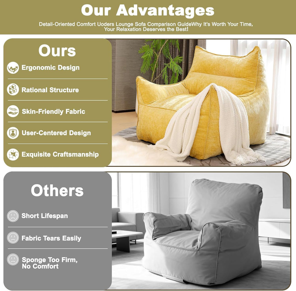 Oversized Fluffy Bean Bag Chair for Adults – Giant Cozy Bean Bag Sofa Chair with Armrests, Handle & Non-Slip Base for Your Reading Nook, Bedroom or Living Room(Yellow-XL)