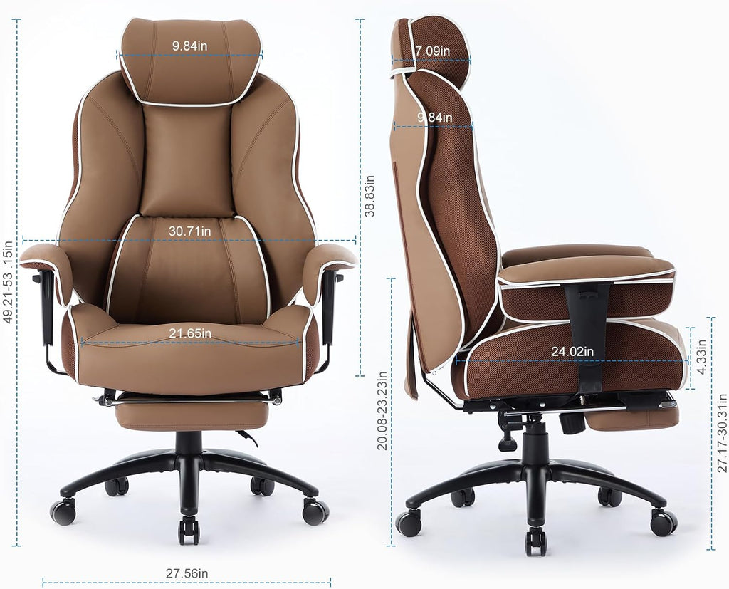 DJ·Wang Big and Tall Office Chair with Foot Rest, High Back Executive Office Chair PU Leather, Ergonomic Chairs with Lumbar Support, 135° Reclining Chairs with Thickened Spring Cushion Brown