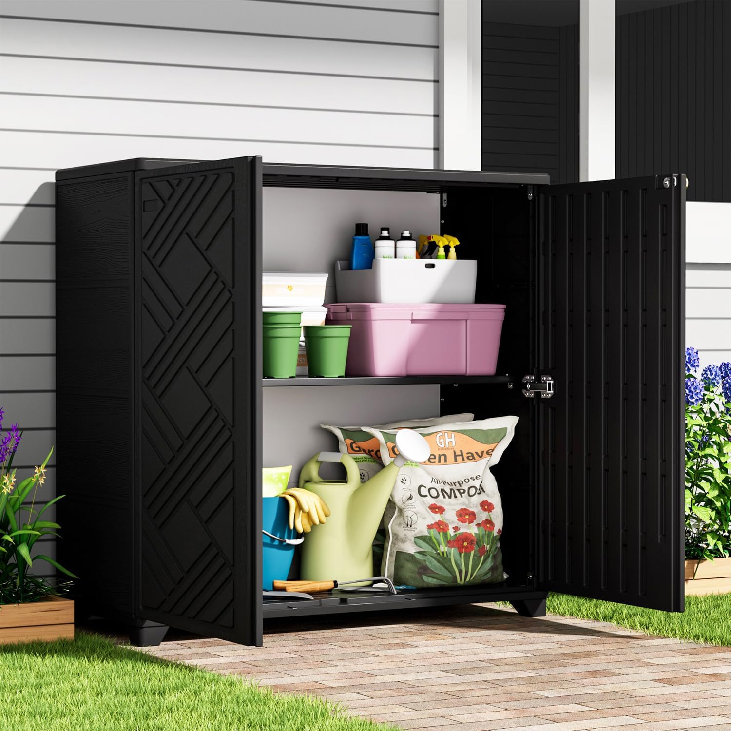 KINYING Outdoor Storage Cabinet Waterproof, 60 Gallon Resin Outdoor Storage Shed for Patio/Garden/Backyard, Outdoor Storage Box for Cushions,Garden Tools and Pool Supplies(Black with 1 Shelving)