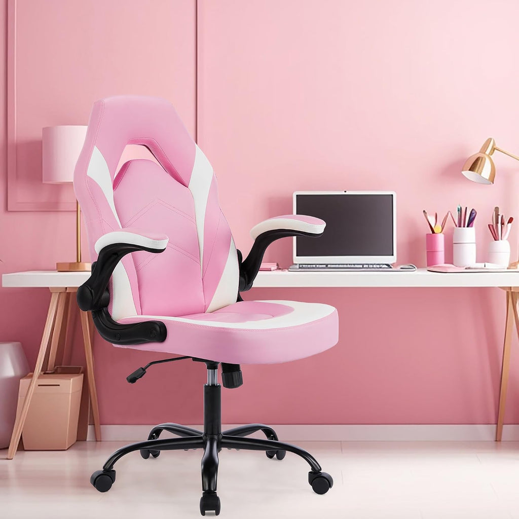 Heavy Duty Gaming Chair Ergonomic Gamer for Home Office with Lumbar Support, Adjustable Backrest, Flip-Up Armrest and Stable 360° Swivel Wheels for Adults, Professional Gamers and Teens, Pink-White