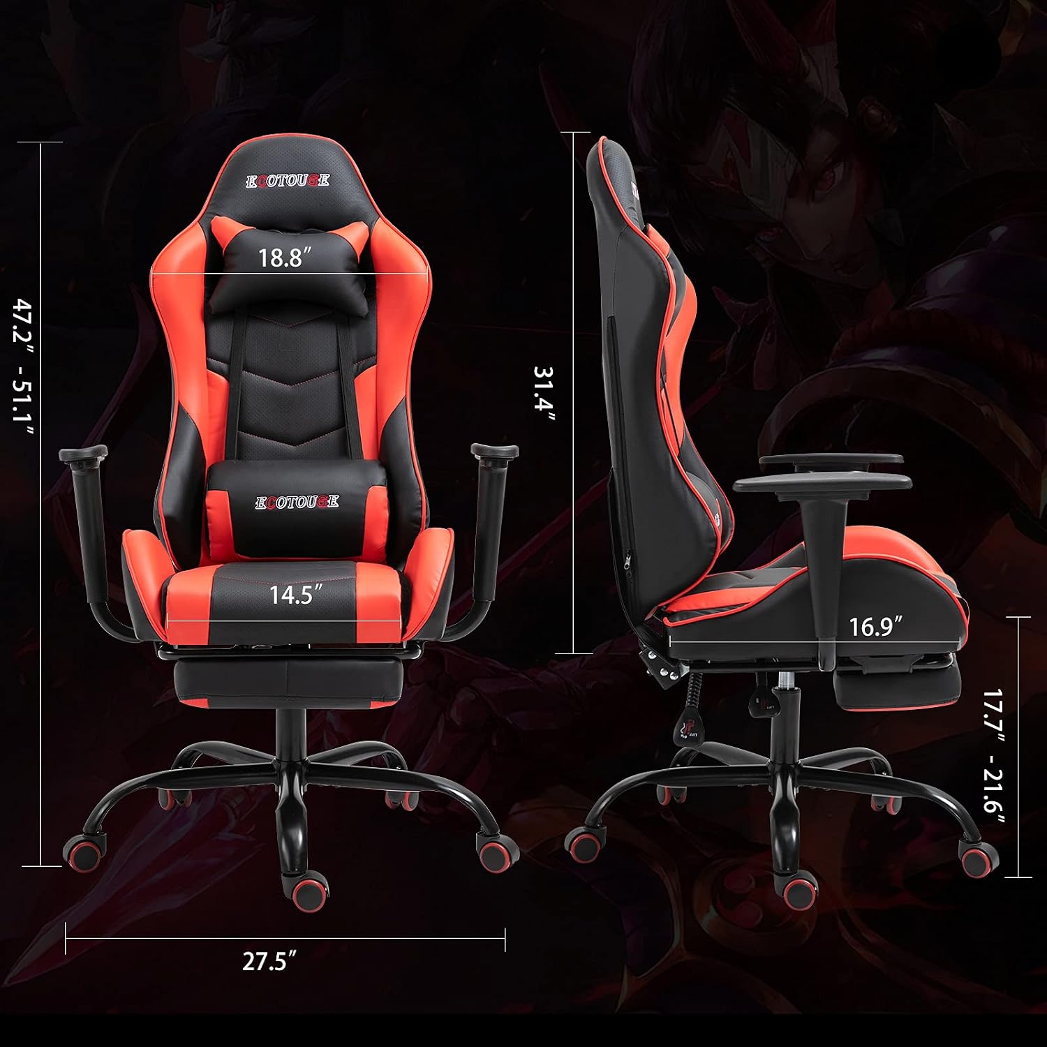 ECOTOUGE PC Massage Gaming Chair with Footrest Ergonomic Office Desk Chair Adjustable Massage Lumbar Cushion and Headrest, Red