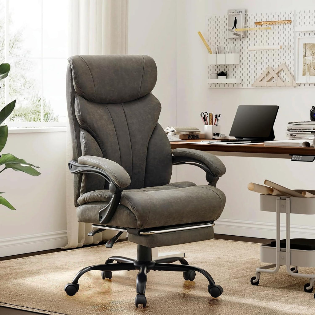 Comfortable Office Desk Chair 500 LBS, Big and Tall Office Chairs with Footrest,90-155°Recline Executive Leather Gaming Chair for Heavy People, Long Hours,Gray