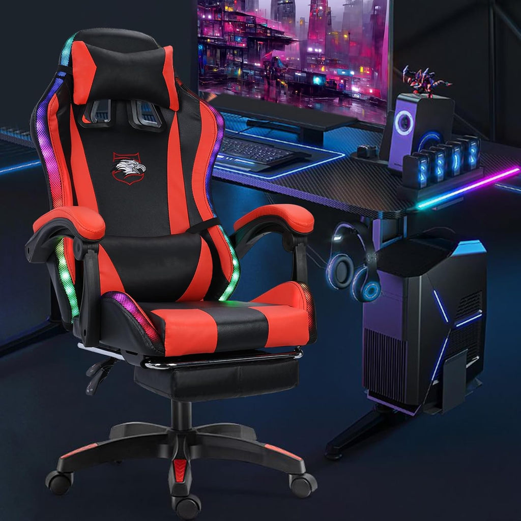 Gaming Chair,Computer Chair with Footrest and Lumbar Support,Height Adjustable Game Chair with 360° Swivel Seat and Headrest for Office&Gaming,Office Chair with Bluetooth Speakers&LED Lights (Red)