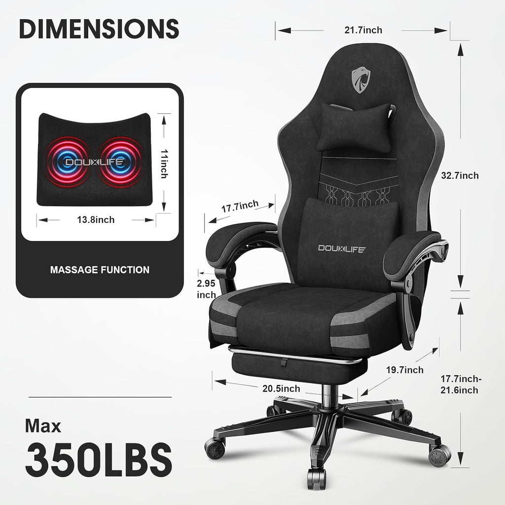 Gaming Chair, Fabric Computer Office Chair with Massage, Ergonomic Chair with Footrest Lumbar Support, Pocket Spring Widened Cushion Metal Legs 350LBS Dark Gray