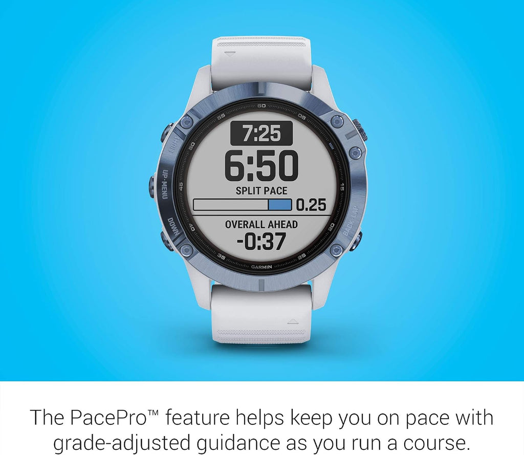 Garmin fenix 6 Pro Solar, Multisport GPS Watch with Solar Charging Capabilities, Advanced Training Features and Data, Mineral Blue with White Band (Renewed)