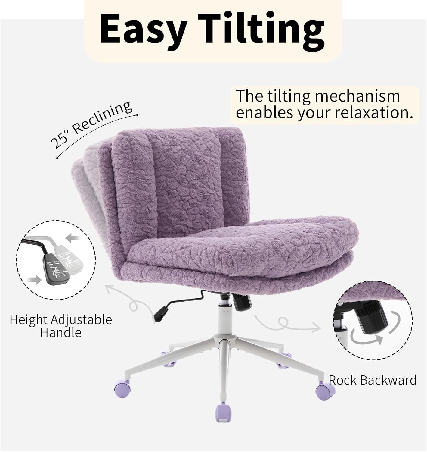 Shenyon Criss Cross Chair with Wheels, Wide Cross Legged Office Chair with 2 Layer Cushions & Back, Adjustable Swivel Home Office Chair, Comfy Faux Fur Makeup Vanity Chair for Girls Women, Violet