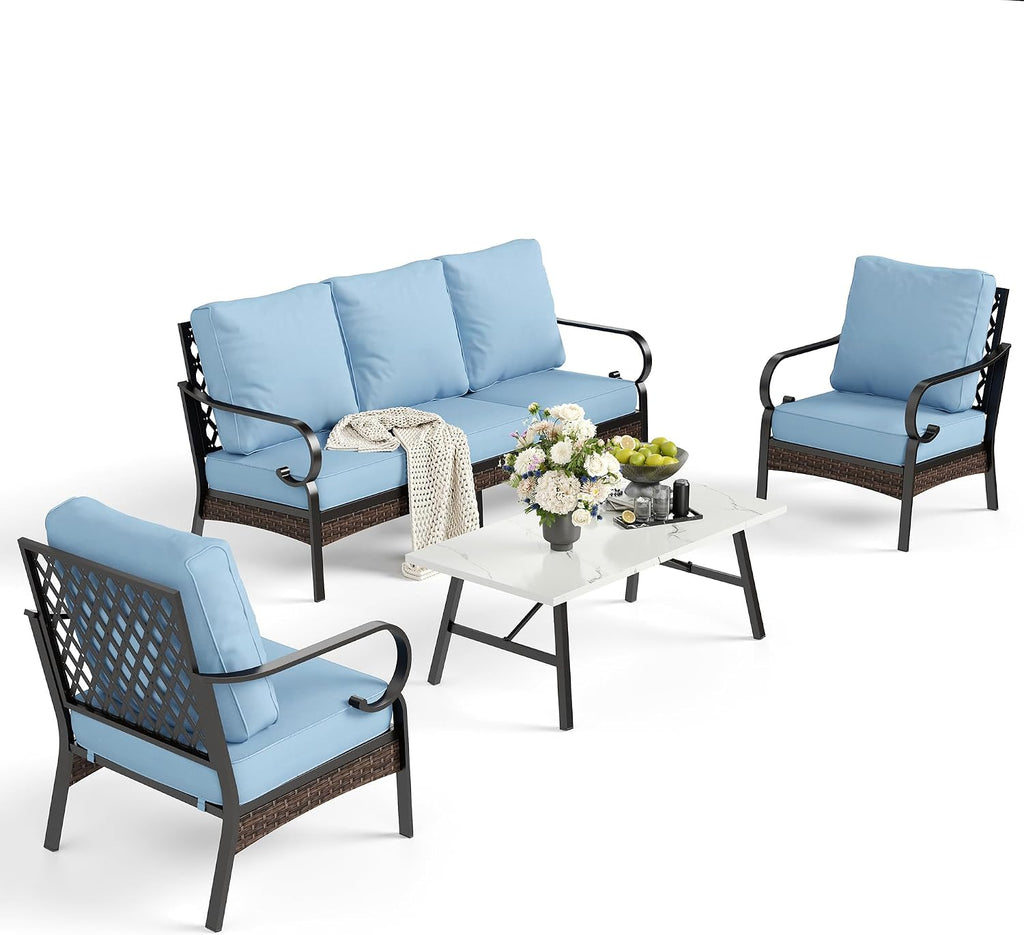 SUNSHINE VALLEY 5 Piece Metal Outdoor Patio Furniture Set, Patio Conversation Sets 1 3-Seater Sofa, 2 Chairs with 5.75' Extra Thick Cushion and Coffee Table, Black Frame Backyard Furniture, Blue