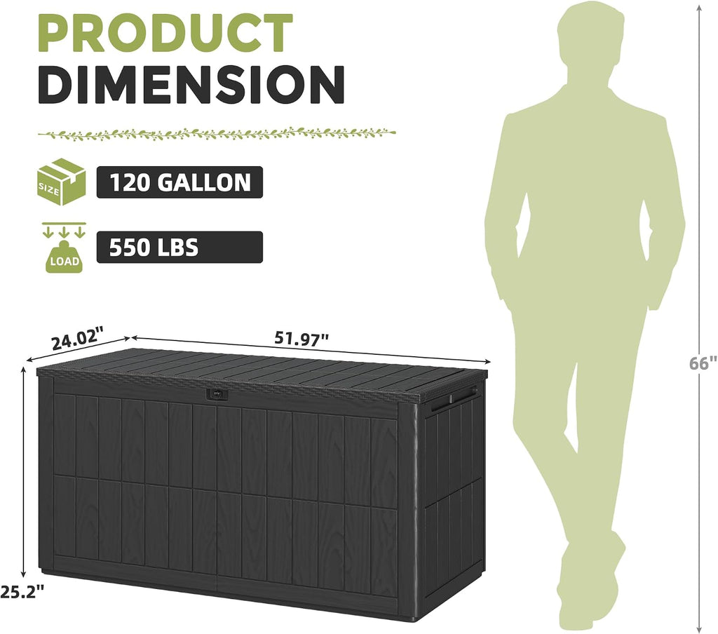 UDPATIO 120 Gallon Deck Box, Outdoor Storage Box Lockable Waterproof Indoor Outdoor Storage Container for Patio Cushions, Garden Tools, Package Delivery Boxes for outside