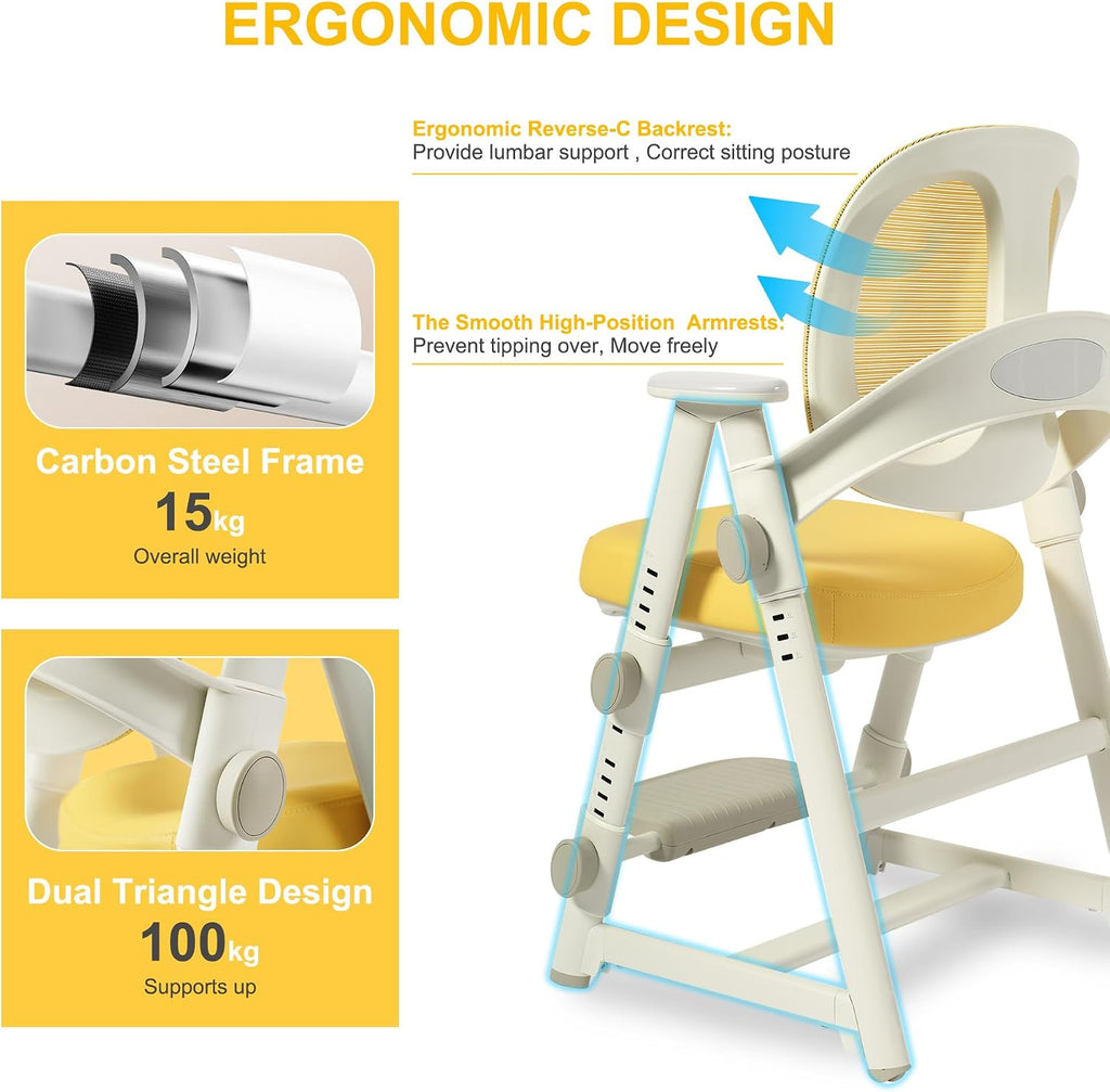 Ergonomic Kids' Study Chair, Height Adjustable Kids Desk Chair for Boys Girls,Comfortable for Teenagers Playing, Drawing, Ideal Gift for Children,Students（Yellow）