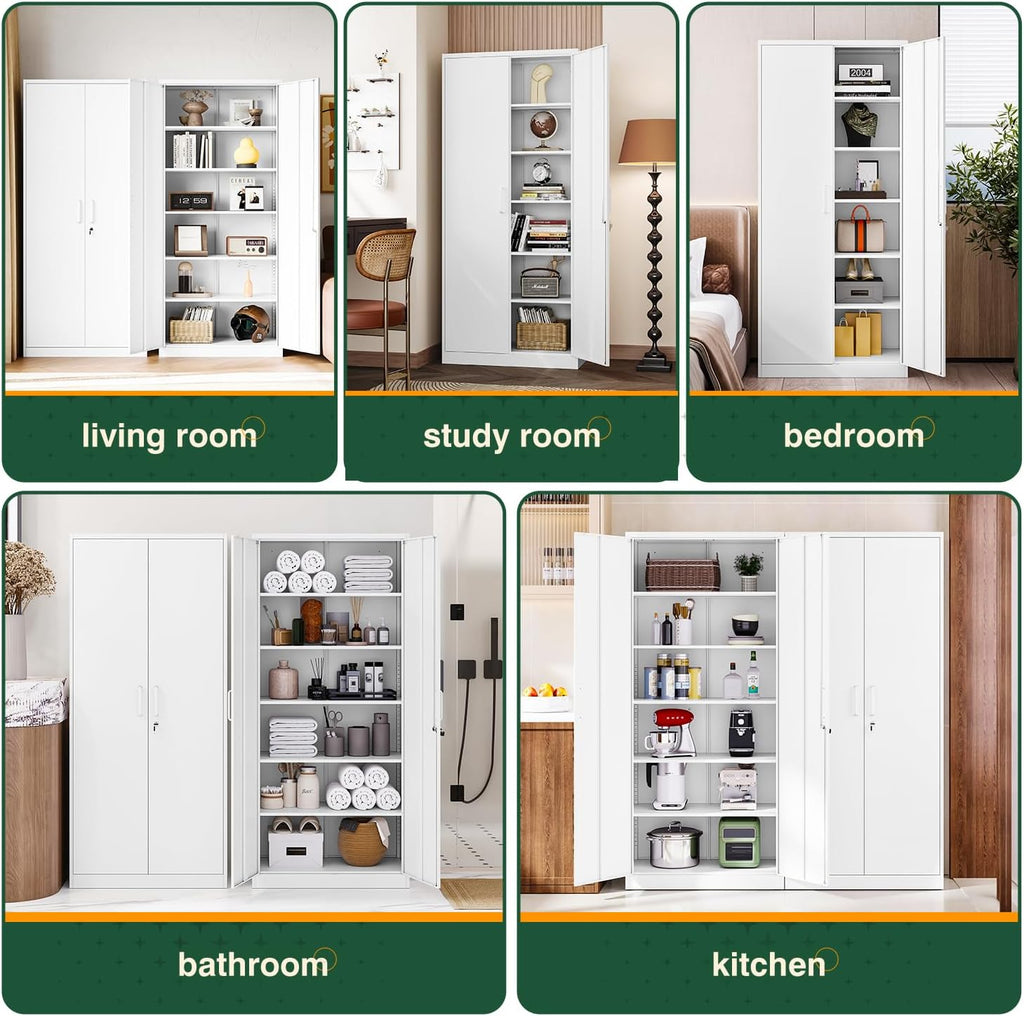 Letaya Metal White Storage Cabinet with Lock-71 Tall Metal Pantry Cabinets,5 Adjustable Shelves and Door for Home,Office,Kitchen,Warehouse,Utility Room(White)
