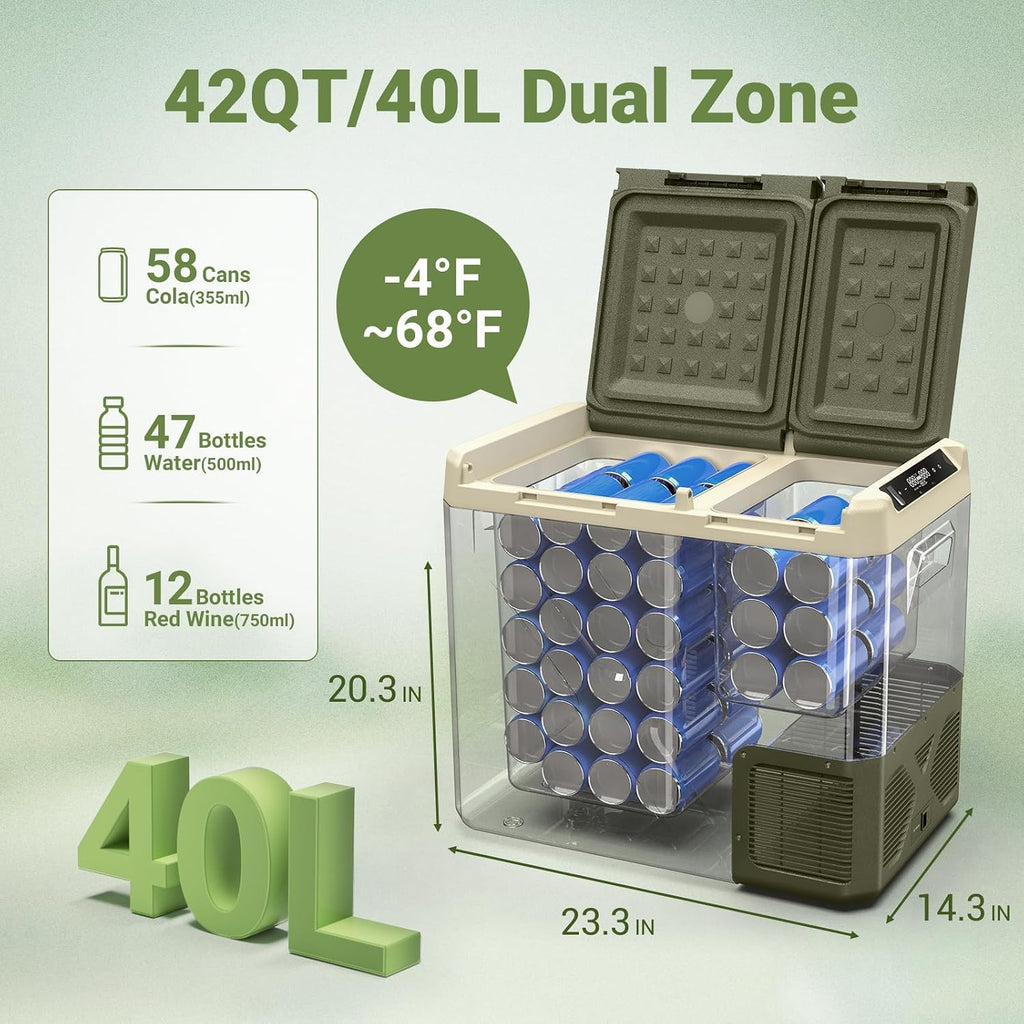 BODEGACOOLER 12V Portable Refrigerator, 42Quart Dual Zone Car Refrigerator, RV Car Fridge APP Control, -4℉-68℉Portable Freezer 12/24V DC 100-240V AC for Outdoor Camping Travel Vehicles Home Use