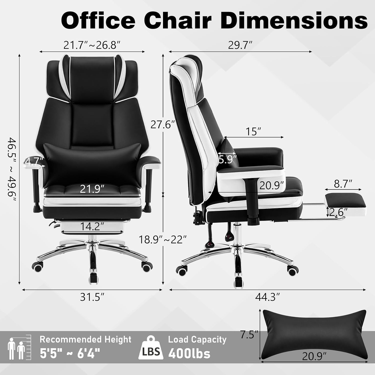 Heavy Duty Office Chair with Footrest High Back, PU Leather Office Chair with with Adjustable Lumbar Support, Reclining Computer Desk Chair with Adjustable Height, Adjustable Armrests, Black White