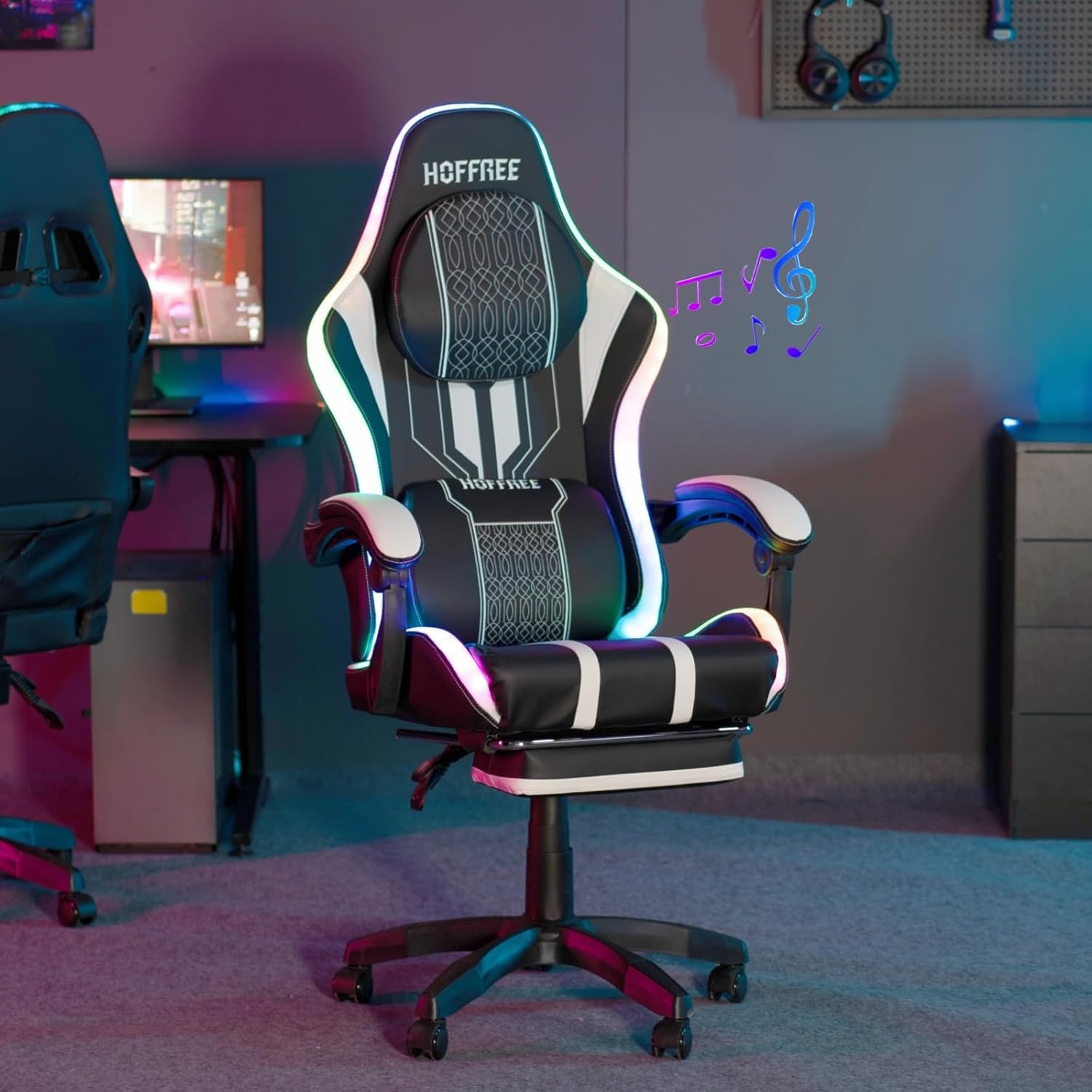HOFFREE LED Gaming Chair with Speakers Massage Big and Tall Computer Chair with RGB Lights Bluetooth Game Chair with Footrest High Back Gaming Chairs for Adults 400lbs White and Black