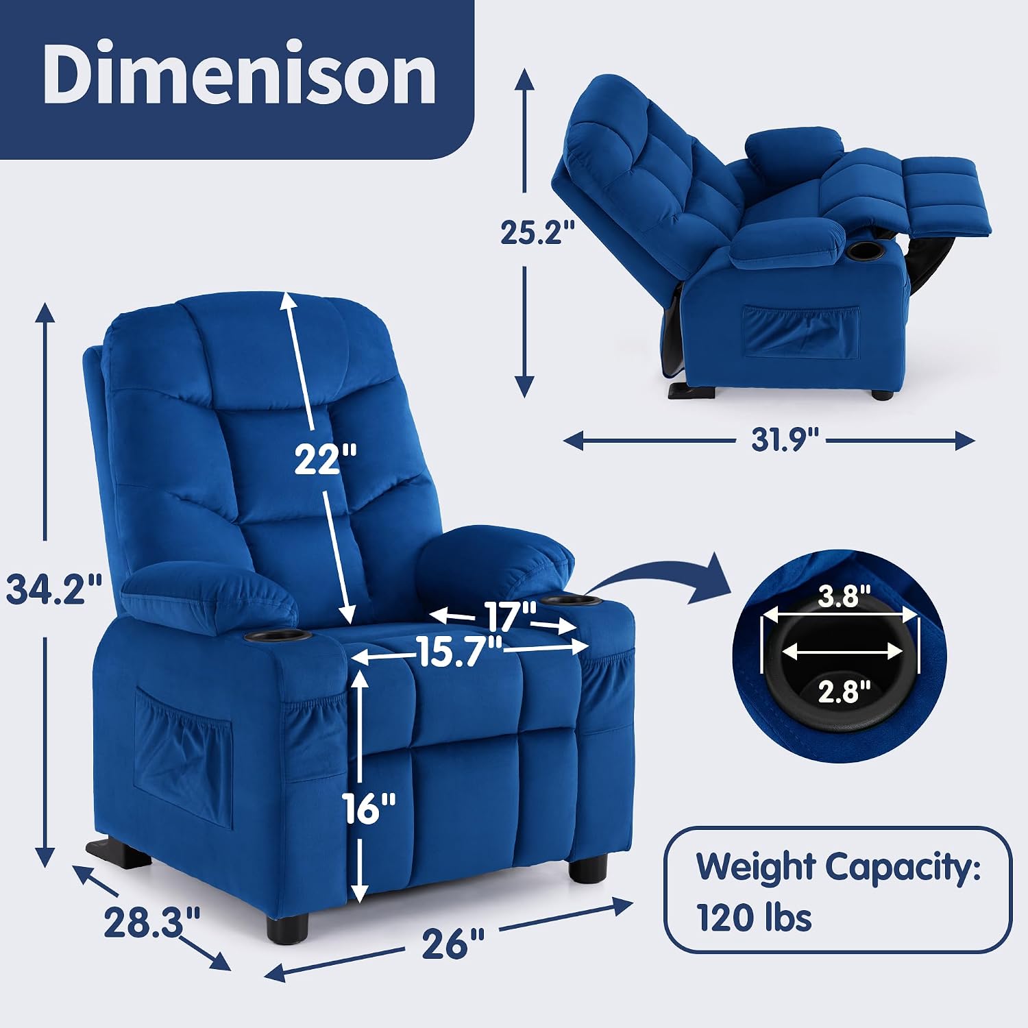 MCombo Big Kids Recliner for Ages 3+, Child Reclining Chair, Toddlers Recliner Sofa with Cup Holders (Velvet, Navy Blue)