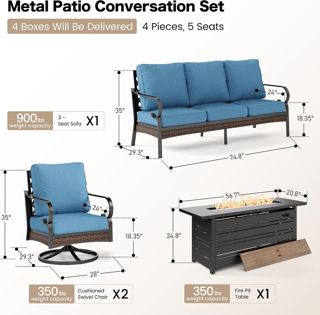 SUNSHINE VALLEY 4 Piece Metal Outdoor Patio Furniture Sets with Firepit Table, Patio Conversation Sets 1 3-Seater Sofa, 2 Swivel Sofa with 5.75' Thick Cushion Backyard Furniture for Deck, Denim Blue