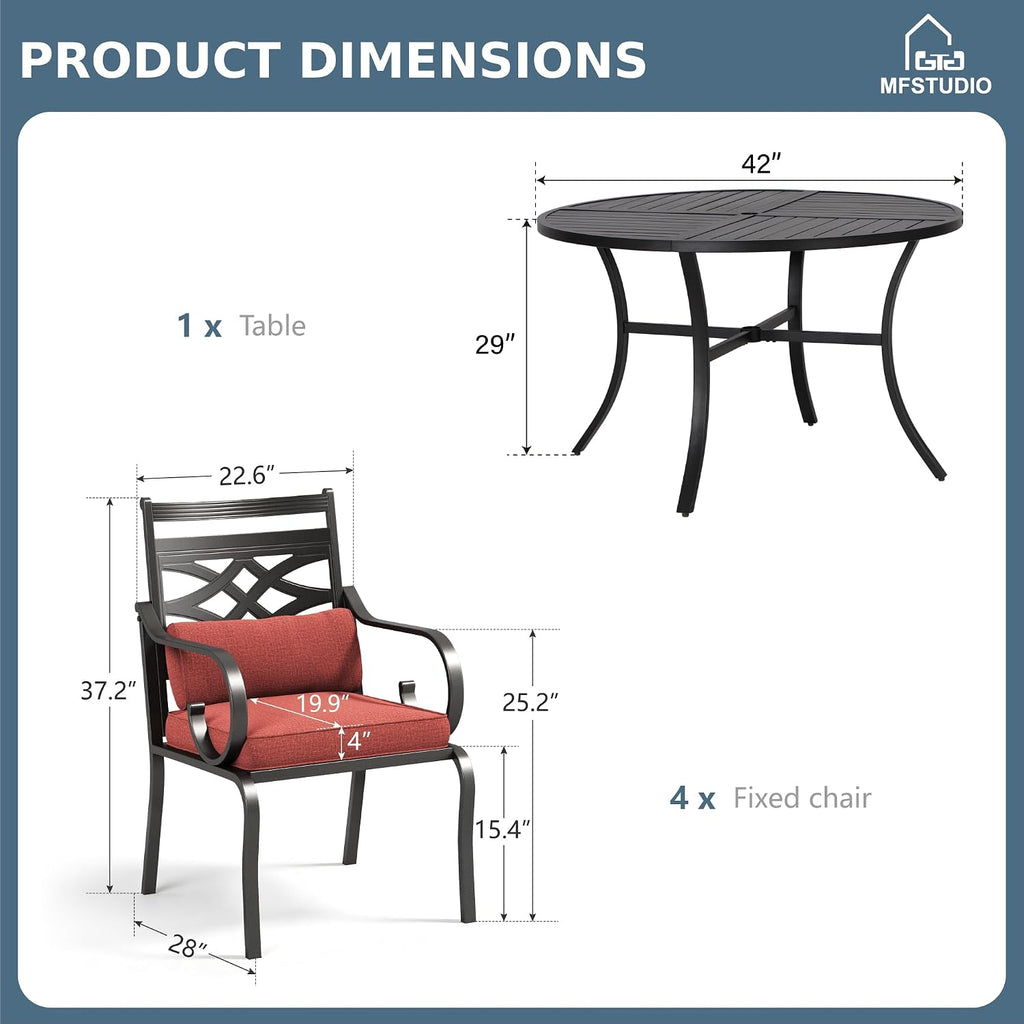 MFSTUDIO Patio Dining Sets for 4, Round Patio Table and Chairs Set with Umbrella Hole, 5 Piece Patio Furniture Set Outdoor Dining Set for Deck,(Red)