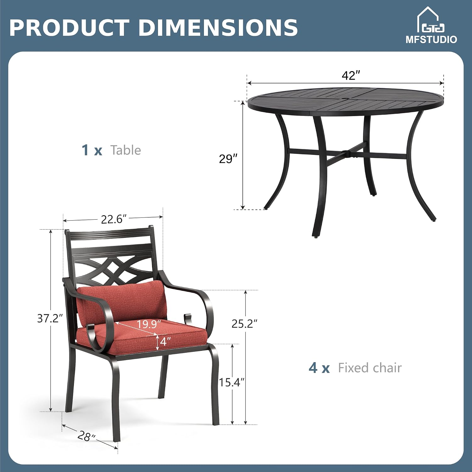 MFSTUDIO Patio Dining Sets for 4, Round Patio Table and Chairs Set with Umbrella Hole, 5 Piece Patio Furniture Set Outdoor Dining Set for Deck,(Red)