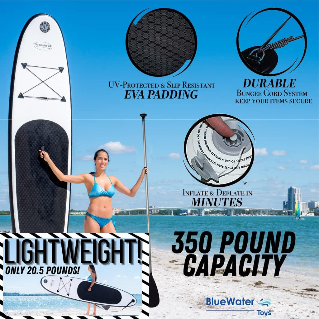 Blue Water Toys Portable Inflatable Stand Up Paddle Board Kit | 11ft x 34in Nylon & Mesh Inflatable Paddle Board with 100% UV-Resistant EVA Pad, Pump, Backpack, Coil Leash & Repair Kit (Black/White)