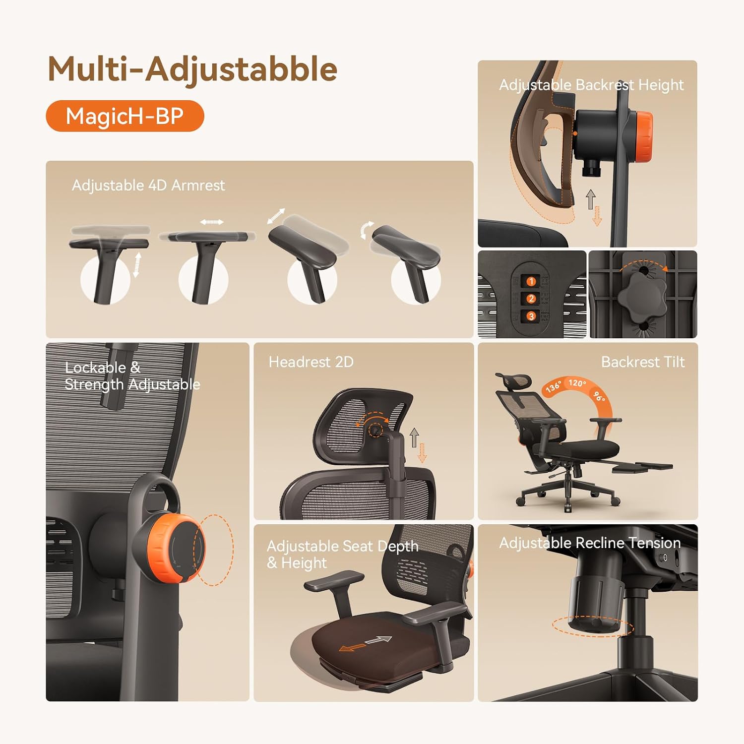 Newtral Office Chair Ergonomic with Footrest, Auto-Following Lumbar Support, High Back Desk Chair with 4D Armrest,136° Tilt Lock, Adjustable Seat Depth & Height (Upgrade with Laptop Tray, Black)