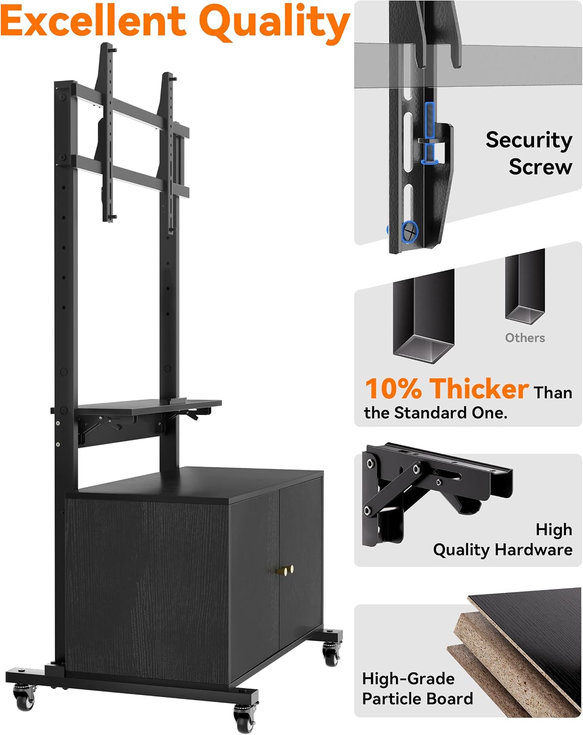 Rolling TV Stand with TV Mount,TV Floor Stand with Storage Cabinet for 32-75in Screen,Mobile TV Stand on Wheels with Foldable Table,Height Adjustable,Entertainment Center for Outdoor and Living Room