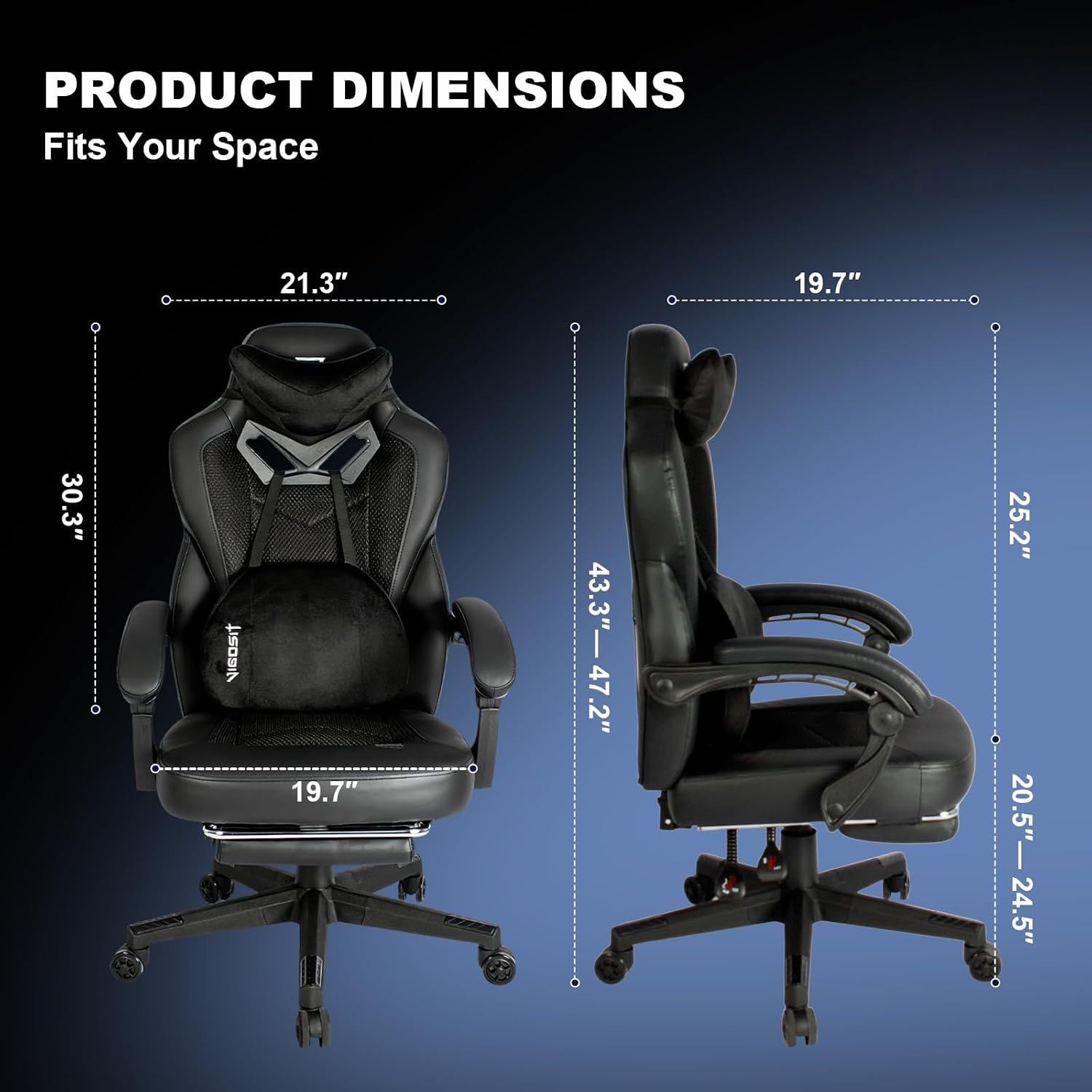 Vigosit Gaming Chair PRO, Ergonomic Gaming Chairs for Adults Heavy People, Massage Reclining Office Desk Computer Chair with Footrest and Lumbar Support, Big Tall Mesh Gamer Chair with Cushion (Black)