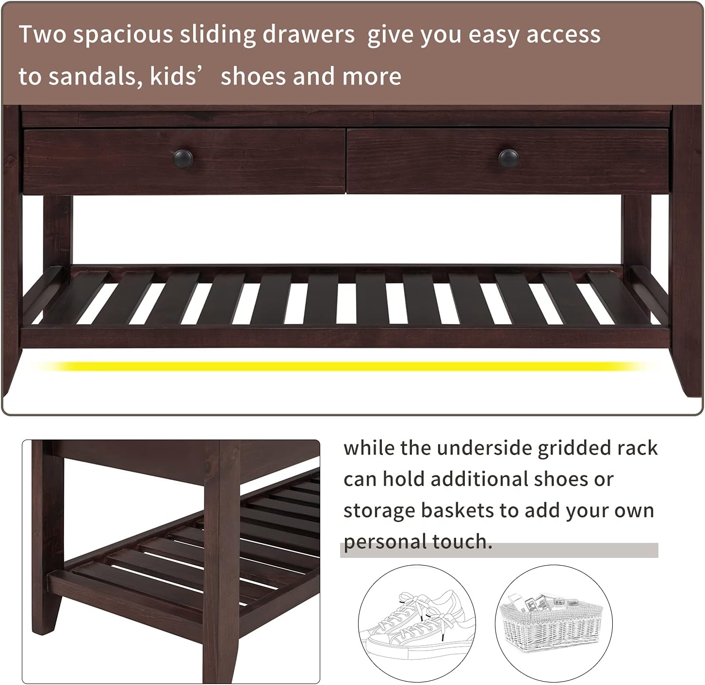 Harper & Bright Designs TREXM Shoe Rack with Cushioned Seat and Drawers, Multipurpose Entryway Storage Bench (Espresso)