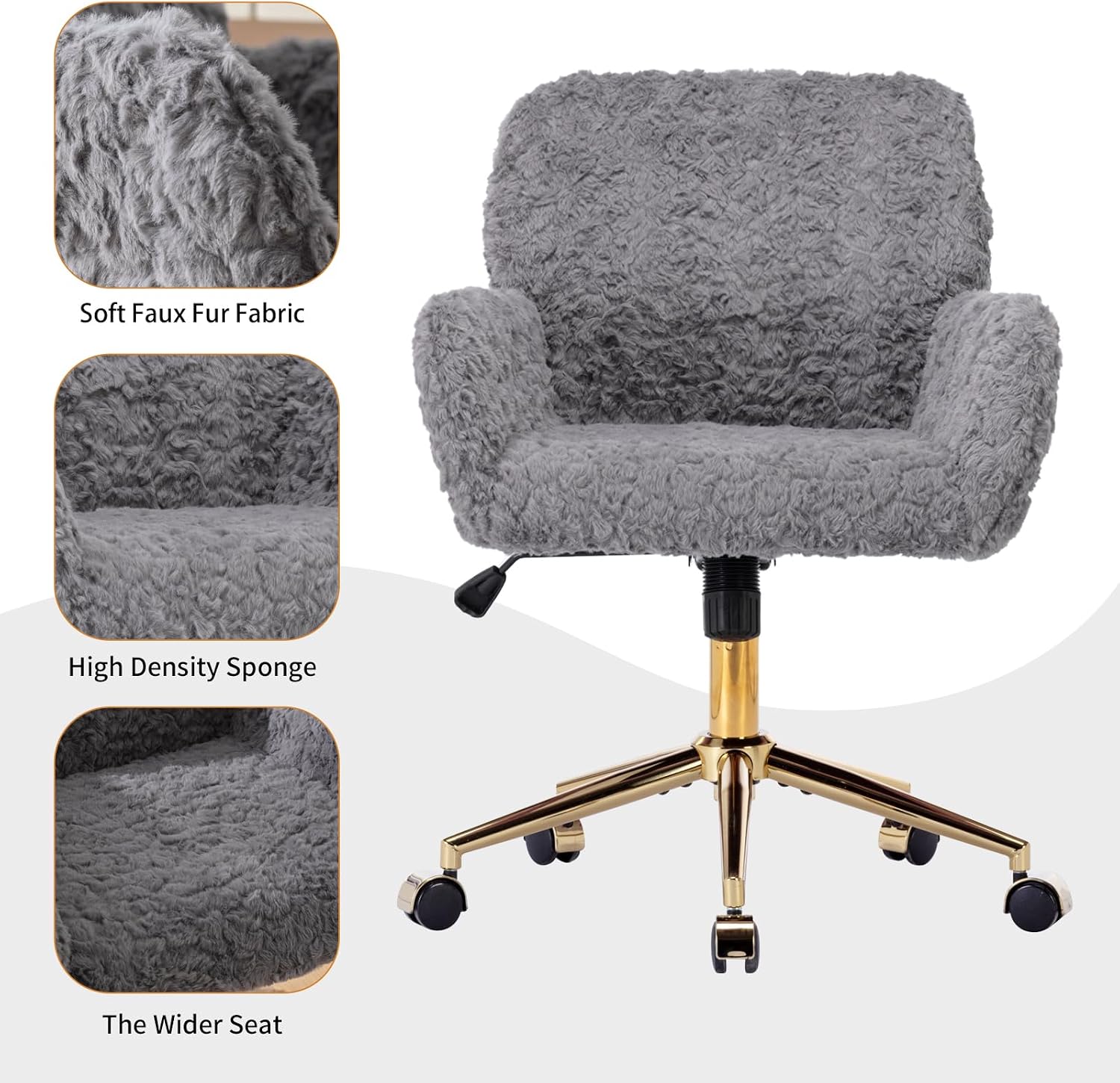Faux Fur Makeup Vanity Chair, Comfy Fuzzy Home Office Desk Chair with Wheels & Gold Base, Upholstered Adjustable Swivel Office Chair for Teens Girls Women Home Office, Grey