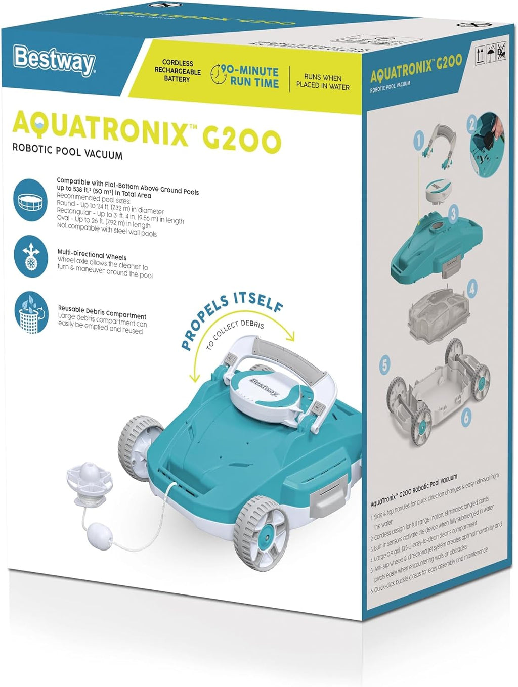 Bestway AquaTronix G200 Automatic Robotic Pool Cleaner, Cordless Pool Vacuum Robot, Ideal for Flat-Bottom Inground and Above Ground Swimming Pools, 90-Min Runtime, Cleans Pool Floor