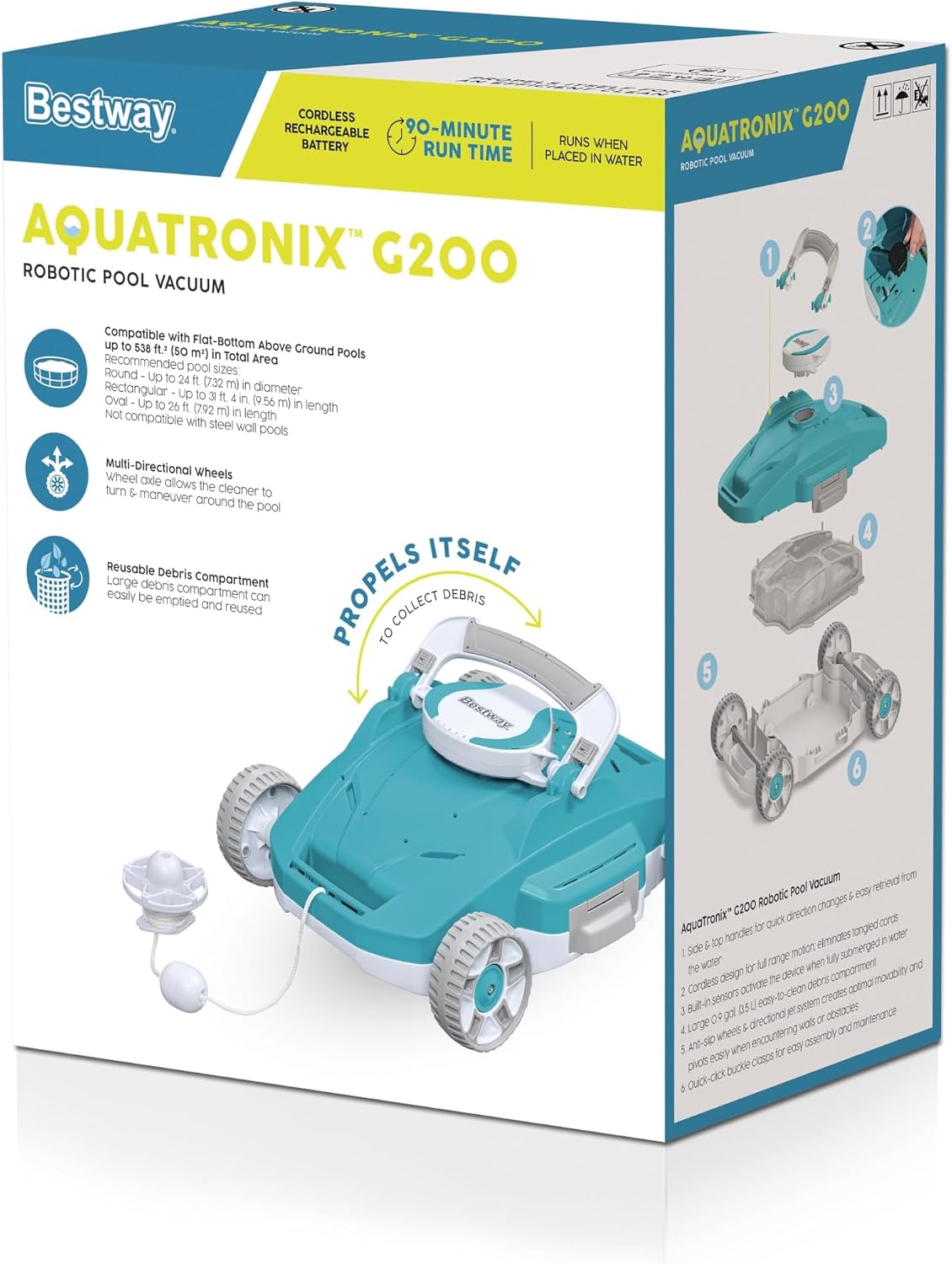Bestway AquaTronix G200 Automatic Robotic Pool Cleaner, Cordless Pool Vacuum Robot, Ideal for Flat-Bottom Inground and Above Ground Swimming Pools, 90-Min Runtime, Cleans Pool Floor