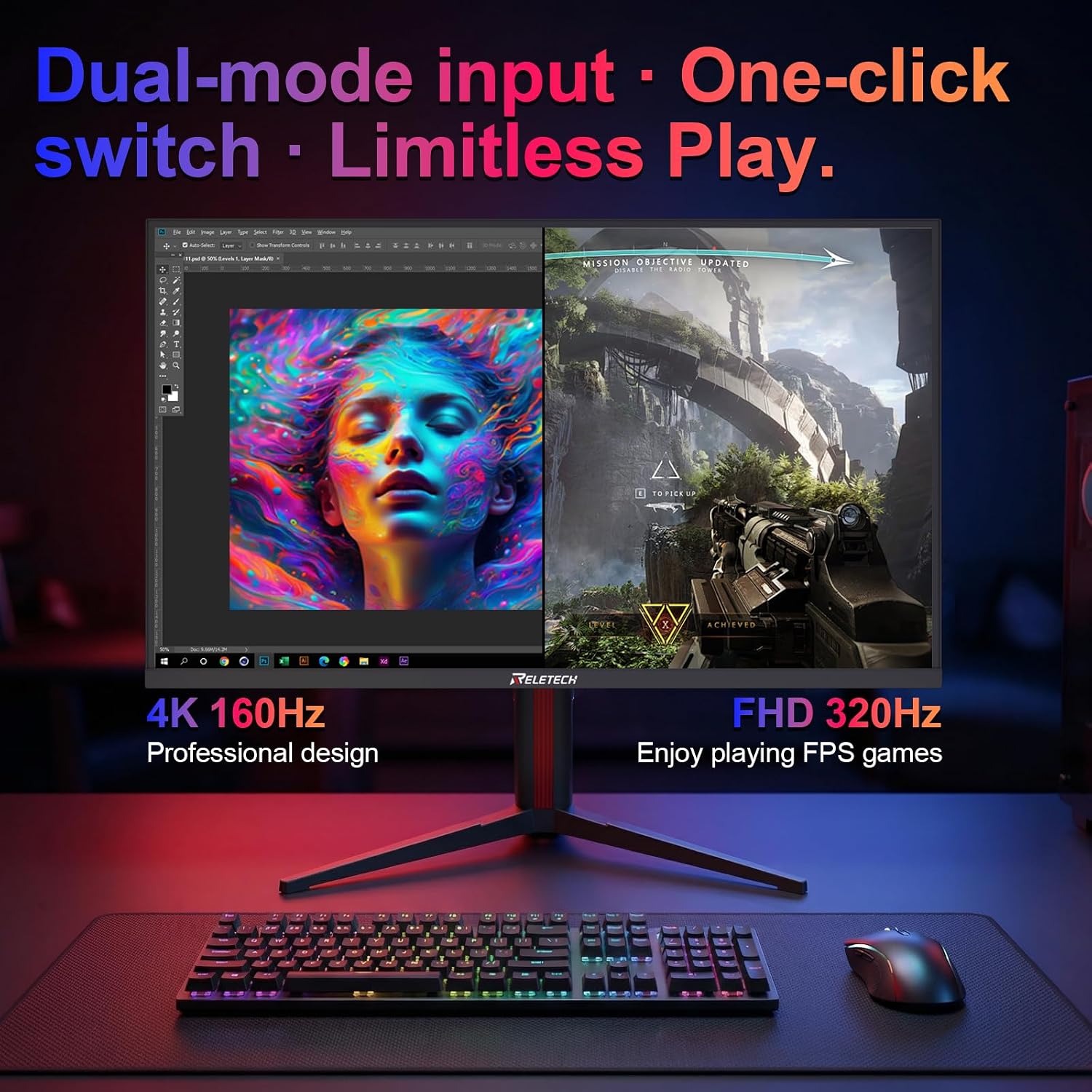 27' Dual Mode Gaming Monitor, 4K UHD 160Hz & FHD 320Hz, Fast IPS 1ms, Adaptive Sync, HDR300, HDMI 2.1 & DP 1.4, Height Adjustable, VESA Mountable (GT27 Twin)