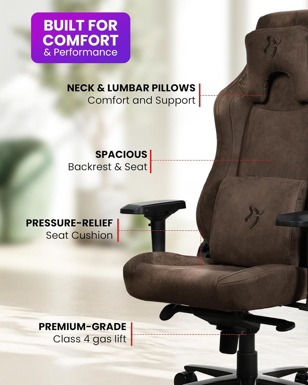 Arozzi Vernazza Supersoft Upholstery Material has a Unique Velvety Texture that is Fluid-Repellant and Breathable with Memory Foam Lumbar Support and 4D Armrest for Office and Gaming Chair - Brown