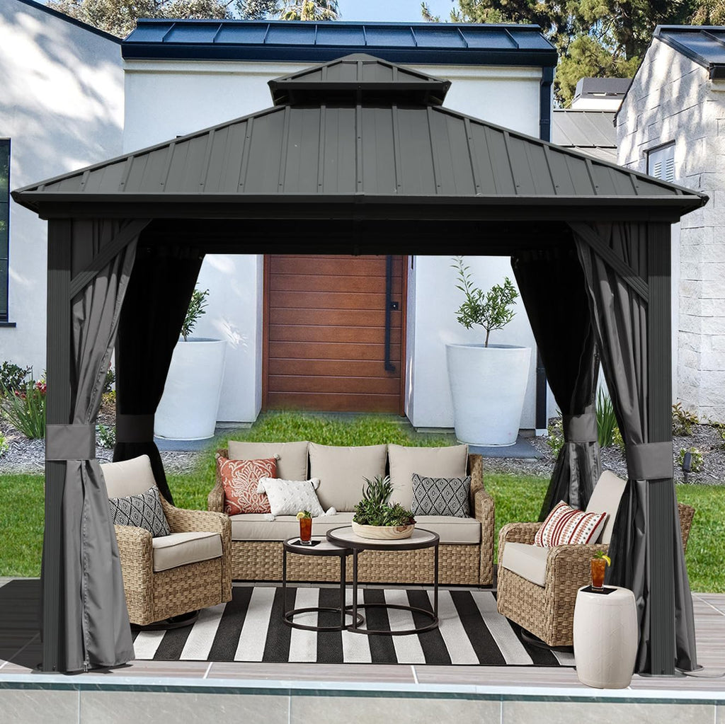 Domi Hardtop Gazebo 10x10FT, Aluminum Outdoor Gazebo with Galvanized Steel Double Roof Canopy, Curtains and Netting Included, Metal Gazebo Permanent Pavilion for Patio, Lawn, Garden, Gray