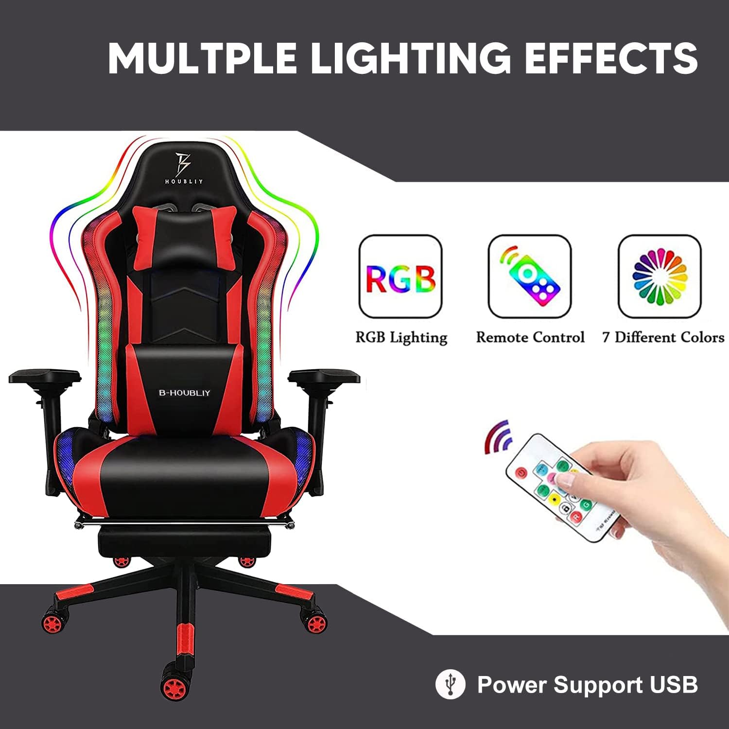 Ergonomic Massage Gaming Chair with Speakers and RGB Lights, PU Leather Computer Office Chair with Footrest, High Back Recliner Chair 360° Swivel Height Adjustment Music Video Game Chair,Black
