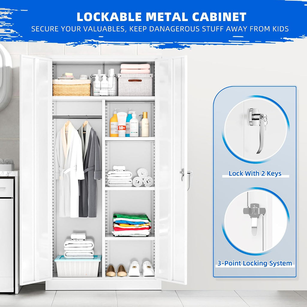 Pataku 72' Metal Wardrobe Storage Cabinet Armoire, Locking Cabinet Locker with Hanging Rod, Steel Garage Storage Closet with 4 Adjustable Shelves for Office, Home, Employee, Broom(White)