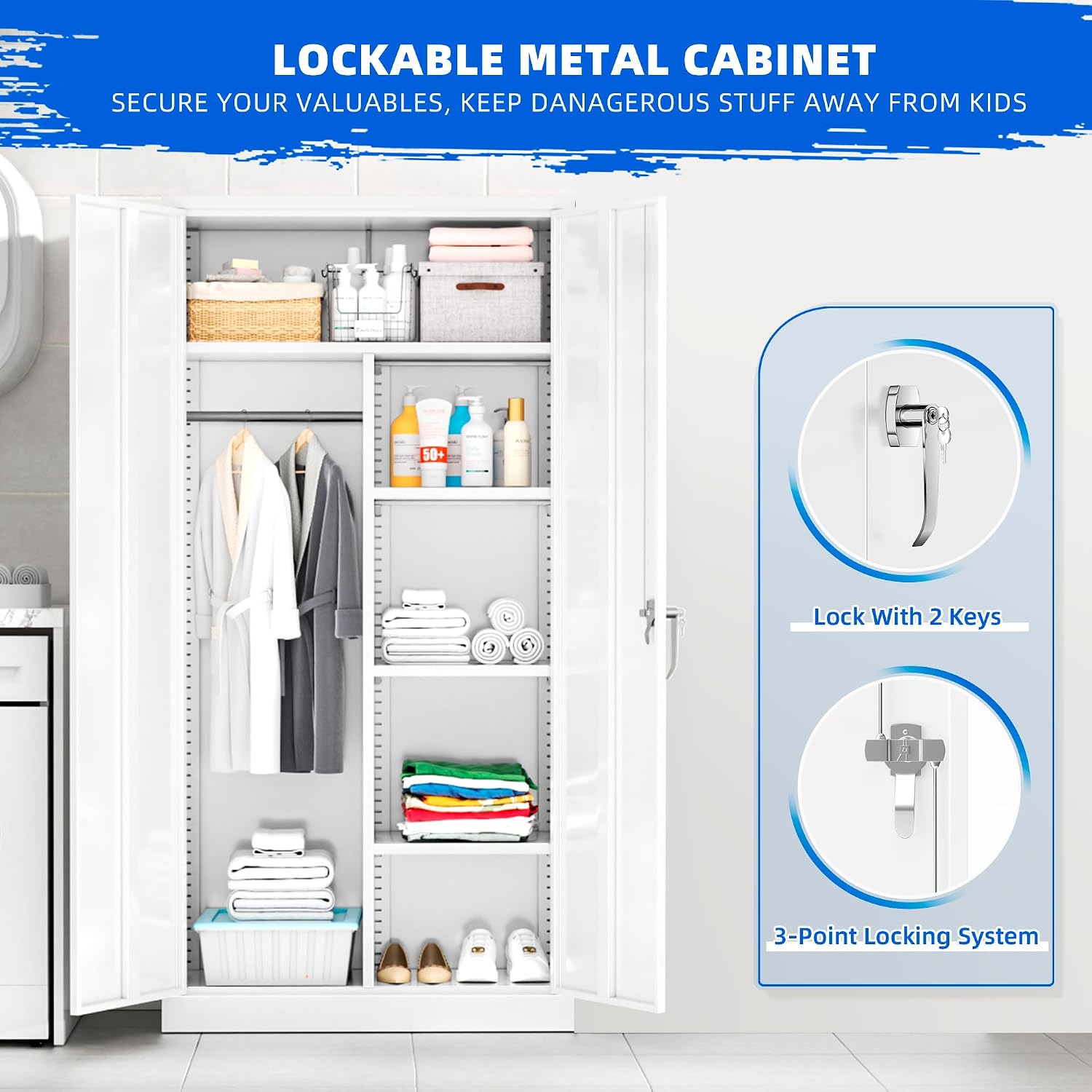 Pataku 72' Metal Wardrobe Storage Cabinet Armoire, Locking Cabinet Locker with Hanging Rod, Steel Garage Storage Closet with 4 Adjustable Shelves for Office, Home, Employee, Broom(White)