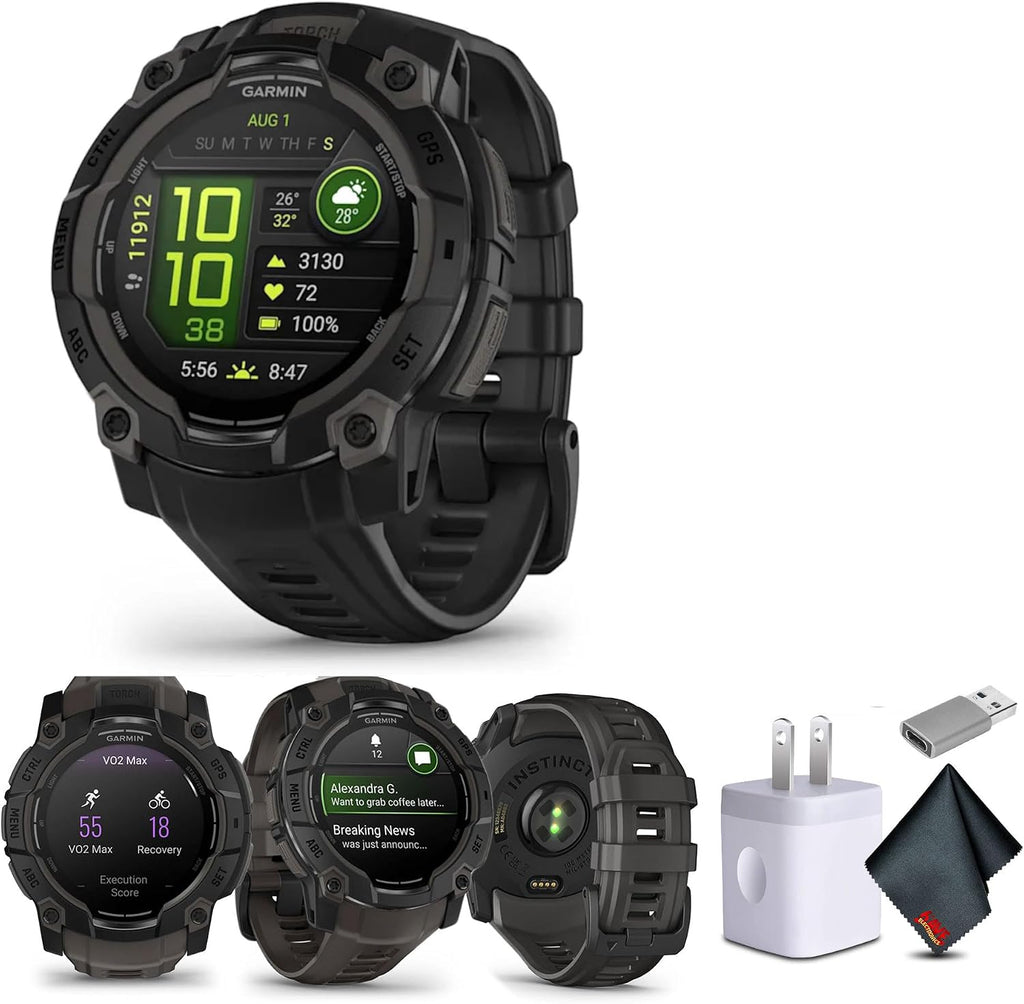 Garmin Instinct 3 45mm, AMOLED, Outdoor GPS Smartwatch, 24/7 Fitness and Tactical Smart Watch, 18 Days of Battery Life, Built-in Flashlight, Black (010-02936-00) Bundle